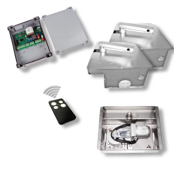 Unterflur-Drehtorantrieb Shark, Eco-Kit, Edelstahl, für 2-flügelige Tore bis 2x3,5m oder max. 600kg/Flügel