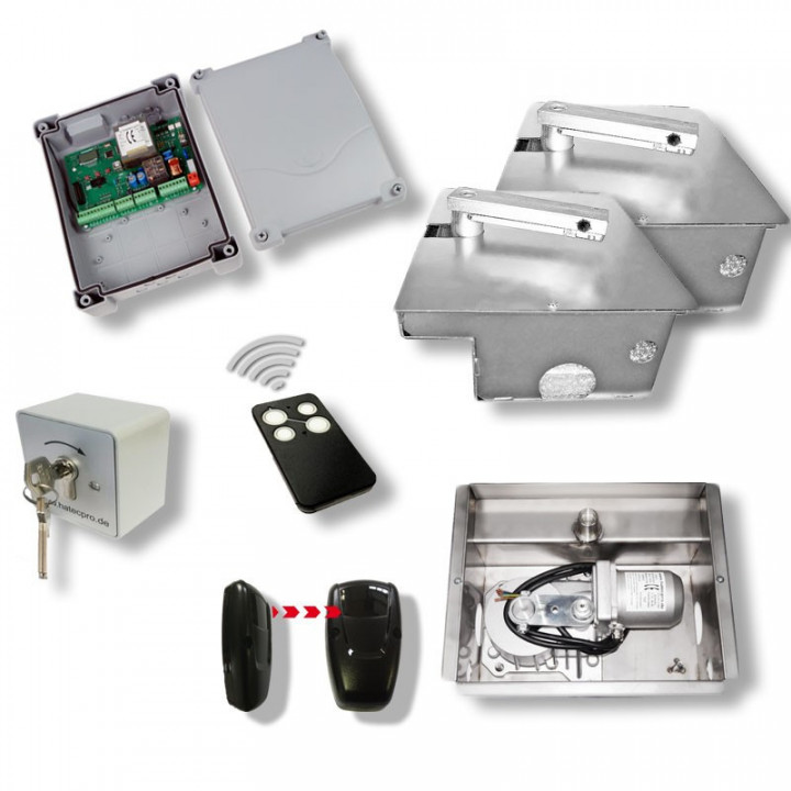 Unterflur-Drehtorantrieb Shark, Komplett-Kit, Edelstahl, für 2-flügelige Tore bis 2x3,5m oder max. 600kg/Flügel